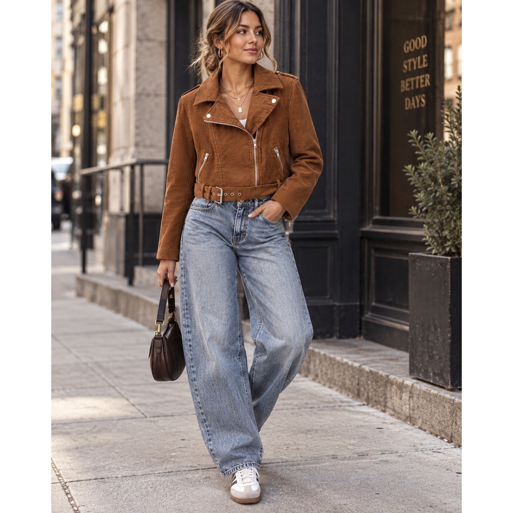 Forever 21 Womens Corduroy Moto Jacket M Brown Cropped Belted Biker Streetwear